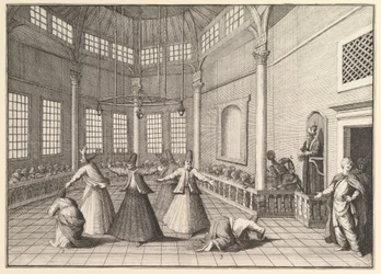 O interior de uma mesquita, os dervixes dançando Aubry de La Mottrayes Viaja através de ..., 1723-24.