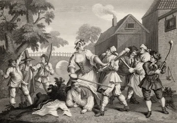 O Cavaleiro Submete a Trulla, de &39;Hudibras&39;, de Samuel Butler (1612-1680), gravado por FF Walker, de &39;The Works of William Hogarth&39;, publicado em 1833.