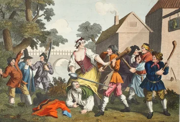 O cavaleiro submete a Trulla, de "Hudibras" por Samuel Butler (1612-1680), ilustração de "Hogarth restaurado: as obras inteiras do célebre William Hogarth, re-gravado por Thomas Cook", pub. 1812