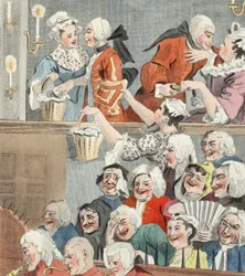 A audiência de riso, ilustração de &39;Hogarth restaurado: Todo obras do célebre William Hogarth, re-gravado por Thomas Cook&39;, pub. 1812 (gravura colorida à mão)