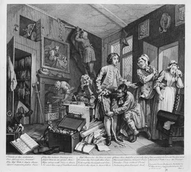 O jovem herdeiro leva posse dos efeitos do avarento, prato I de &39;A Rake&39;s Progress&39;, 1735