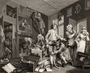 O jovem herdeiro leva posse dos efeitos do avarento, prato I de &39;A Rake&39;s Progress&39;, de &39;The Works of William Hogarth&39;, publicado em 1833