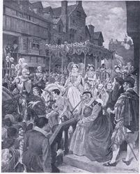 A entrada estatal da Rainha Maria em Edimburgo 1561, de Cassells History of the British People publicado pela Waverley Book Company, c.1950