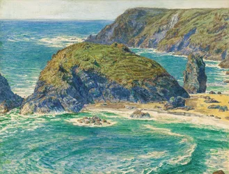 Ilha dos Espargos, Kynance, Cornualha (lápis e aquarela realçados com branco e riscados)