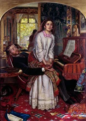A Consciência Desperta Uma jovem mulher em pecado salta subitamente, atormentada pela revelação espiritual, procurando escapar dos braços do seu amante. Pintura de William Holman Hunt (1827-1910)