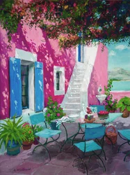 Terraço rosa quente (óleo a bordo)