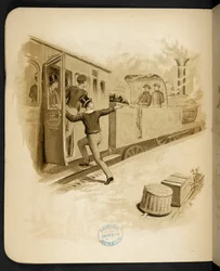 Entrando num comboio a vapor. O comboio de férias: uma canção de "Dulce Domum" ... Ilustrado por W. J. Webb. Frederick Langbridge London,1891