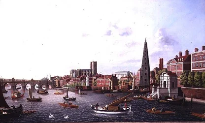 Vista do Rio Tamisa em York Steps olhando para a Abadia de Westminster
