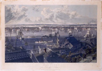 Nova York de Brooklyn Heights, 1837 (gravura colorida à mão e aquatinta)