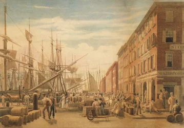 Vista da South Street, de Maiden Lane, New York City, ca. 1827.