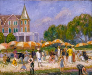 Umbrellas de praia em Blue Point, ca. 1915.