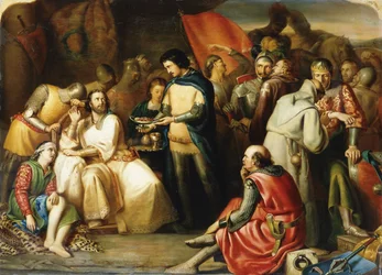 Cena na tenda de Eduardo, o Príncipe Negro, após a Batalha de Poitiers: «Tratou o rei João como um hóspede honrado, quando este se sentou no banquete, pois, com ar reverente e a fronte descoberta, o príncipe servia-o»