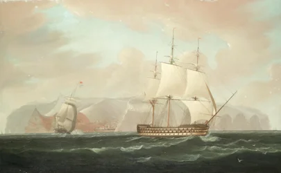 Um navio de linha de três andares a afastar-se de Jamestown, Santa Helena, com a sua fragata de escolta a disparar uma saudação de despedida
