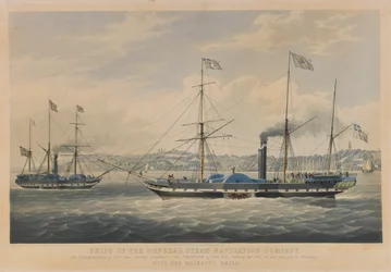 Navios da Companhia Geral de Navegação a Vapor. O Caledonia de 800 toneladas, saindo de Hamburgo - O Neptune de 800 toneladas, entrando no Elba na sua passagem para Hamburgo, com os Correios de Sua Majestade