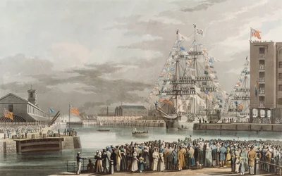 Doca de St. Katherine: Abertura em 25 de outubro de 1828, gravada por E. Duncan (colorido aquatint)