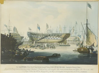 Lançamento do navio "Edinburgh", da Honorável Companhia das Índias Orientais, do estaleiro dos Srs. Wigrams  Green Blackwall, com vista para o navio "Abercrombie Robinson" no cais