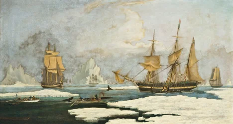 The Northern Whale Fishery: O navio Harmony of Hull e outros baleeiros presos ao gelo, caça focas, narvais e baleias no estreito de Davis, área baleeira na Groenlândia