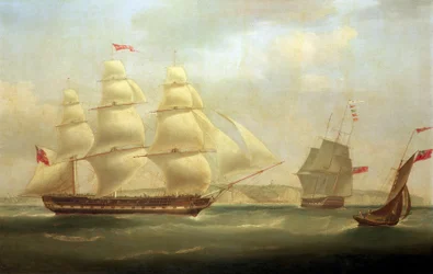 O navio "Roxburgh Castle" com o navio "Sir Edward Paget", ao largo da costa de Dover (Inglaterra), com o castelo visível ao fundo
