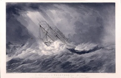 O navio "Woodford" (construído em 1819, em Bristol, Inglaterra), do armador e capitão Alfred Chapman, em 1824, na viagem entre Madras (Índia) e Inglaterra, apanhado pela tempestade