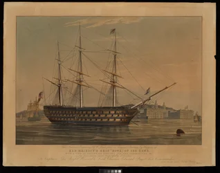 Esta gravura nacional de W. Read, a partir de uma pintura original de Huggins, representa o navio de Sua Majestade Howe, de 120 canhões, com uma vista do Greenwich Hospital e do Observatório, etc.
