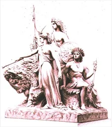 America, gravado pelo artista do grupo de mármore por John Bell (1811-95) no The Albert Memorial, Hyde Park, pub. por Virtue and Company (gravura)