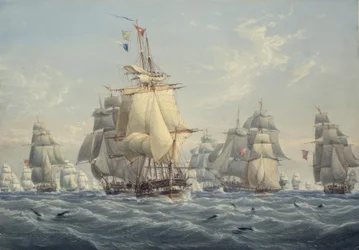 Um esquadrão britânico em plena vela com botos