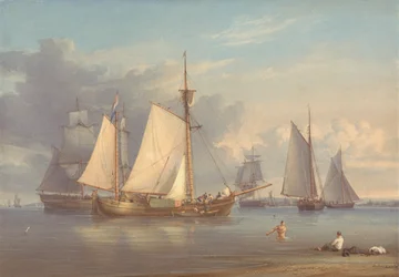 Barcos de pesca holandeses no Anchor, num estuário