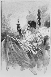 O narrador na cama, ilustração de &39;Le Horla&39; de Guy de Maupassant (1850-93) gravada por Georges Lemoine, Paris, Edições Albin Michel, c.1910 (gravura em madeira)
