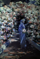 A noiva. Uma jovem noiva a colher flores debaixo de um arco num jardim. Pintura de William Kennedy (1859-1918 britânico) Coleção particular