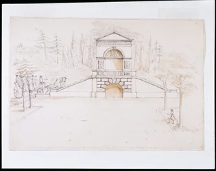 Chiswick, design para uma cascata pedimentada combinada com uma ponte rodoviária no final do canal (caneta e tinta e lavagem em papel)