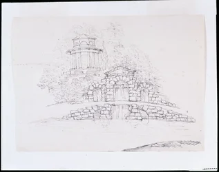 Chiswick, design para uma cascata de palavras rochosas com um templo dórico octogonal no terraço atrás (caneta e tinta sobre lápis sobre papel)