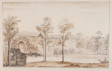 Chiswick, design para uma cascata rústica e uma ponte encostada ao terraço (caneta e tinta e lavar com lápis sobre papel)