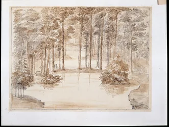 Chiswick, design para a realização de um jardim de bosque aquático (caneta e tinta e lavagem sobre lápis)