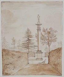 Chiswick, vista da Coluna Dórica com estátua de Vénus de Medici, e um vislumbre do lado da casa do veado (caneta e tinta sobre papel)