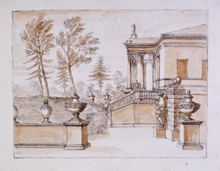 Chiswick, vista da Villa do lado da estátua de Inigo Jones (caneta e tinta e lavar a lápis sobre papel)