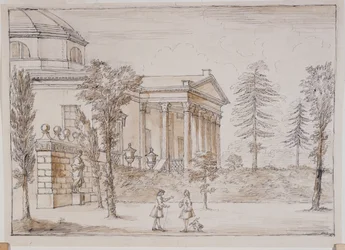 Chiswick, vista da villa do lado da estátua do Palladio (caneta e tinta e lavar a lápis sobre papel)