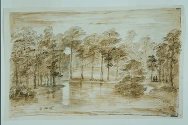 Design para o jardim aquático do bosque, visto ao luar (caneta e tinta e lápis sobre papel)