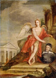 O Génio da Arquitetura segurando um retrato de Inigo Jones