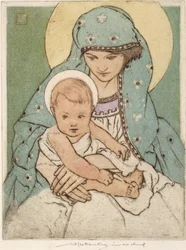 Virgem Maria com o Cristo Infante (ponto seco colorido à mão)