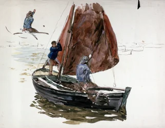 Um homem e um rapaz a bordo de um pequeno barco à vela. Aguarela