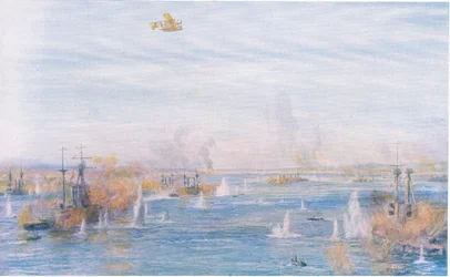 Bombarding the Narrows, 18 de março de 1915, de Cassells História do Povo Britânico publicado pela Waverley Book Company Limited, c.1940