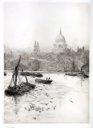 Navegação e gaivotas abaixo de St. Pauls (aguarela)