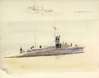 Submarino J.5 e esboço de outro navio de combate, início do século XX (aguarela, grafite)