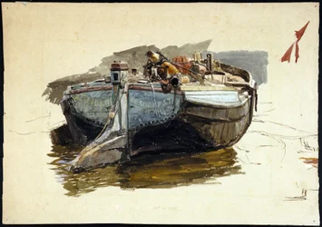 Barco-casa no Tamisa (Inglaterra). Aguarela