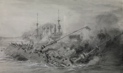 O último "Scharnhorst" e o "Gneisenau"; Batalha das Ilhas Falkland, 8 de dezembro de 1914, cerca das 16.15, c.1915-18 (aguada, cinzento, realçado com branco)