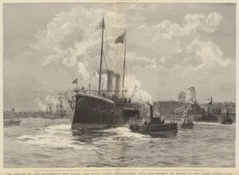 A abertura do Manchester Ship Canal, a Royal Yacht Enchantress com Her Majesty on Board, no Mode Wheel Lock