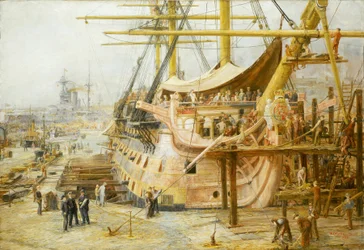O restauro do HMS "Victory", na bacia das docas de Portsmouth (Inglaterra), após o lançamento de uma grande operação de financiamento nacional para salvar o navio da vitória de Trafalgar (1805), o navio foi devolvido à água em abril de 1925