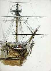 O navio "Victory", desaparecido em 1744. Aguarela, cerca de 1900, de William Lionel Wyllie (1851-1931).