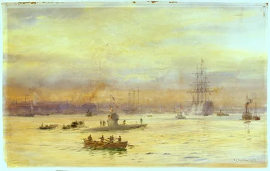 Esta vista olha para o porto do lado de Gosport, onde um submarino está a entrar, com outro à sua frente.