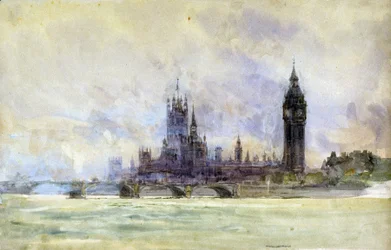 Ponte de Westminster, Parlamento e Big Ben, em Londres (Inglaterra). Aguarela, finais do século XIX, inícios do século XX, de William Lionel Wyllie (1851-1931).